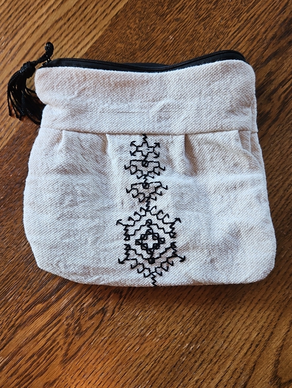 Handcrafted Cream Colored Embroidered Cotton Wristlet Pouch